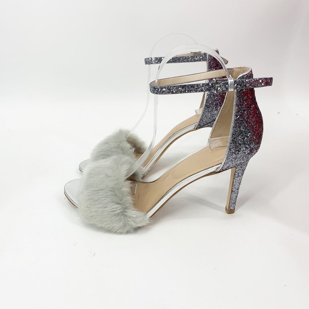 Aldo Silver Glitter & Gray Faux Fur Strappy Heels Size 10
